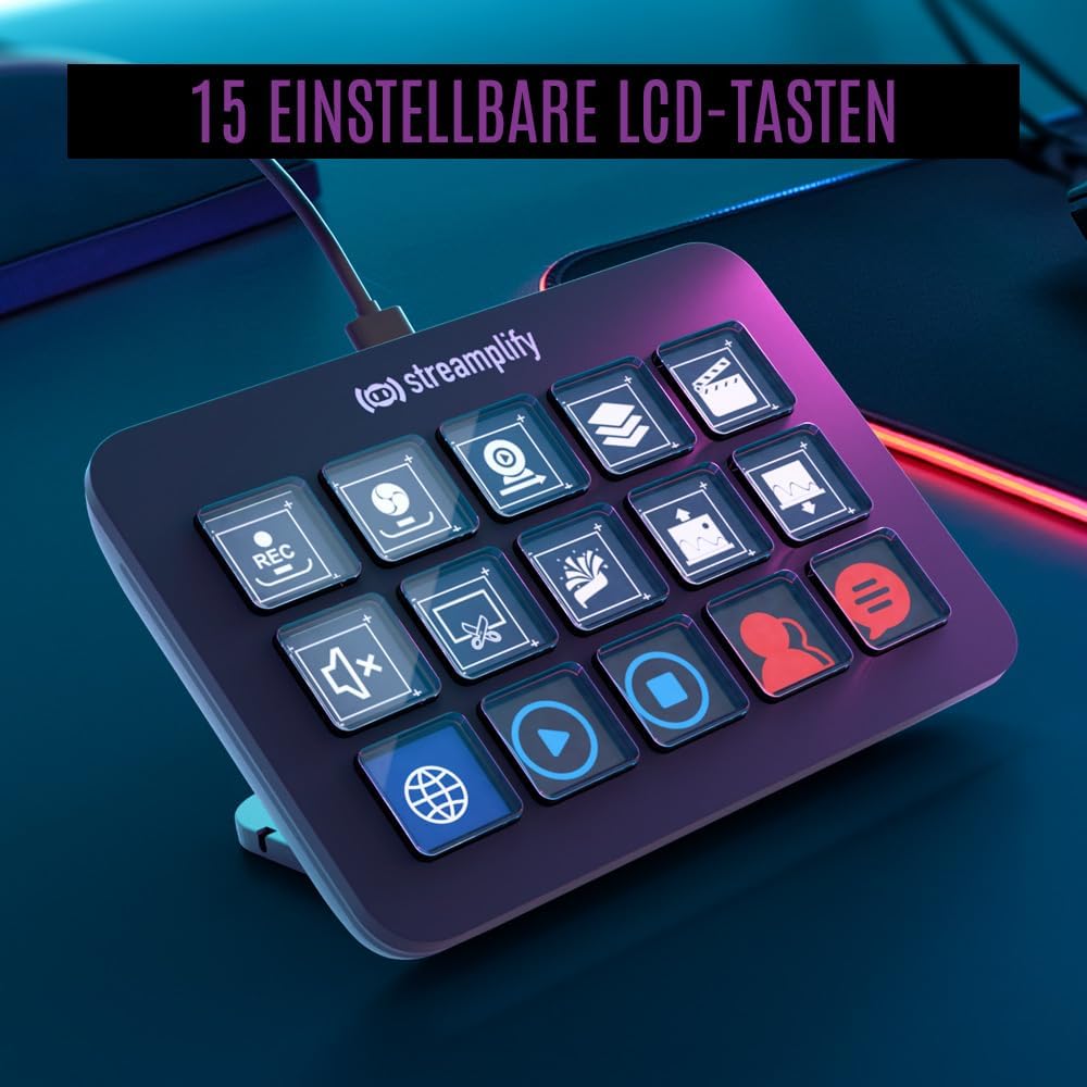 Streaming Deck ONE, 15 anpassbare LCD-Tasten, integrierter USB-Hub, klappbarer Ständer mit 3 Winkelstufen, rutschfeste Füße, kompatibel mit Windows und Mac OS