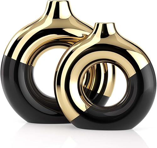 Jarrón negro y dorado, juego de 2 jarrones de cerámica, jarrones dorados para decoración del hogar, jarrón redondo negro para centros de mesa,
