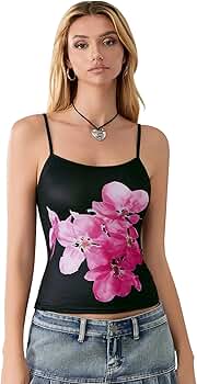 Women Y2k Floral Tank Cami Top Vintage Scoop Neck Spaghetti