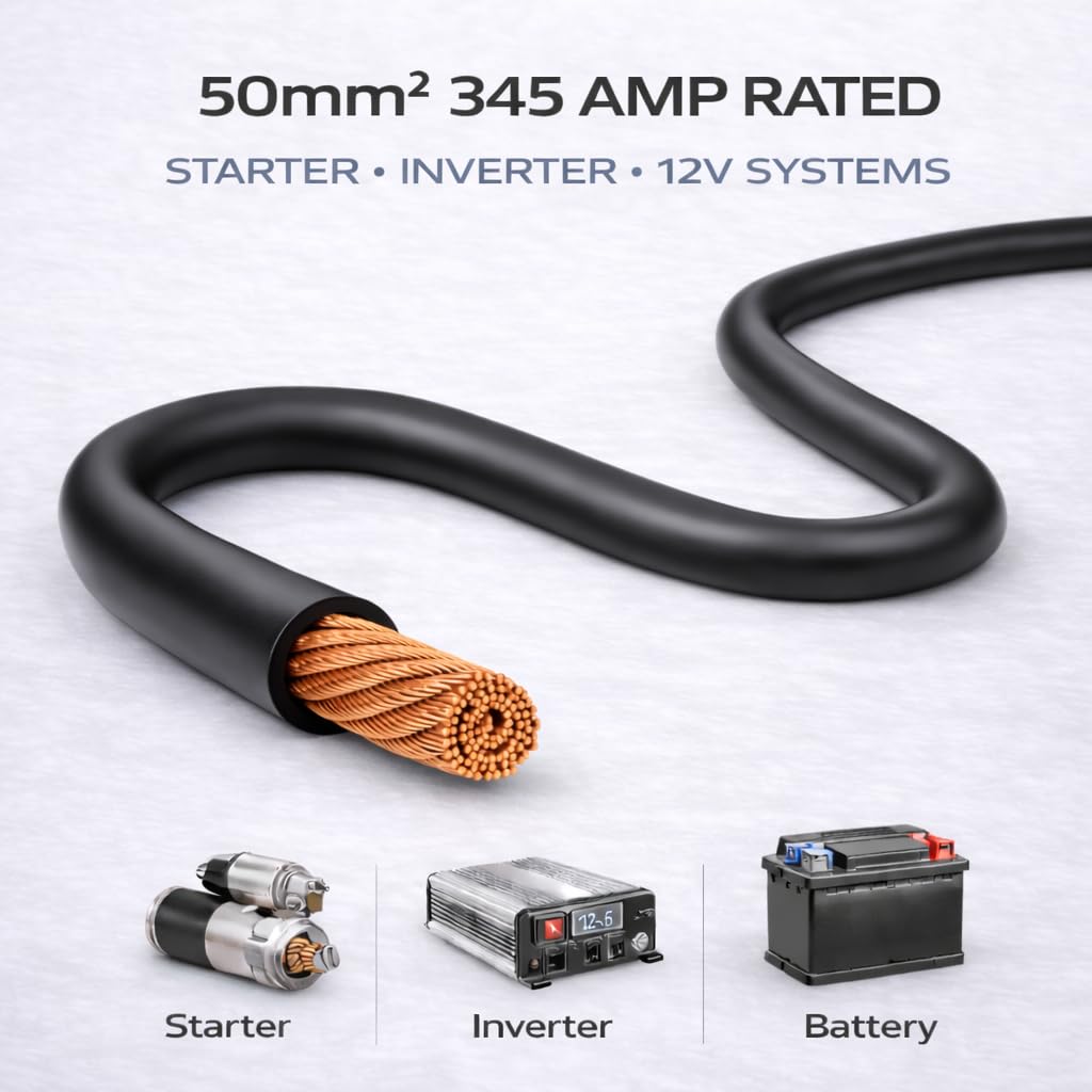 MKGT Hi-Flex 50mm² 345 Amp 0 AWG - Cable de PVC para arrancador/inversor/soldadura/batería (negro, 1 metro)