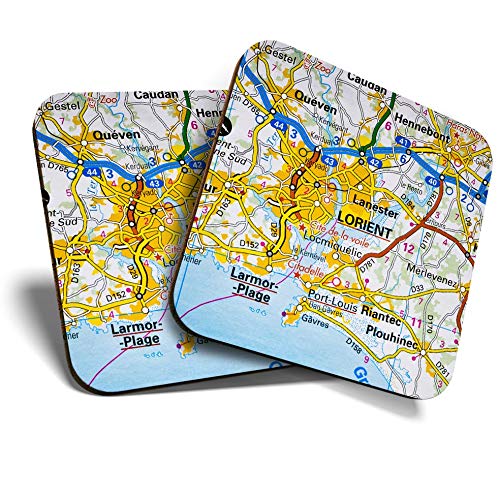 2 x Square Coasters - Lorient Seaport France French Travel Map Cork Backed Home Kitchen Accessory Tea Coffee Mug Mat #45614