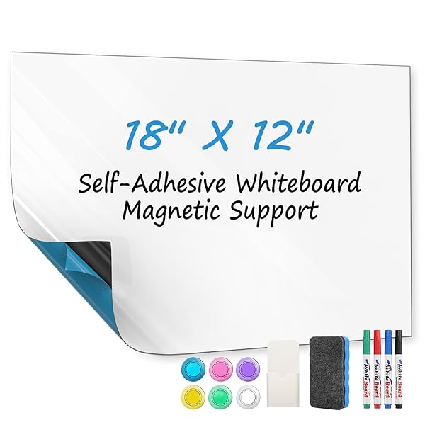MaxGear 12"x18" Adhesive White Board, Dry Erase Whiteboard for Wall, Includes 4 Magnetic Markers, Holder, Eraser and 4 Magnets, Ideal Wallpaper Sticker for Office, Classroom, or Home