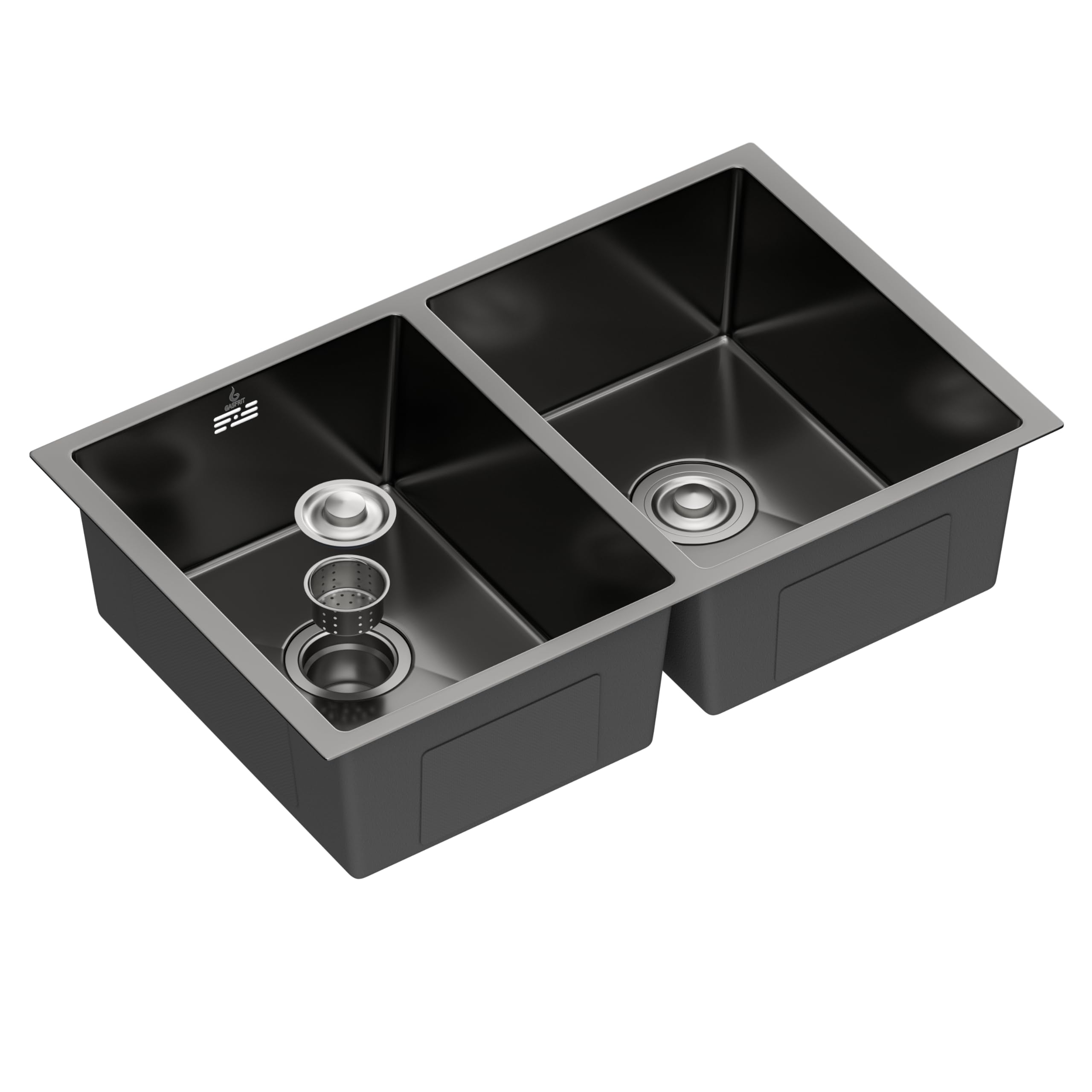 Fregadero de Cocina Doble Seno 760x470 mm, 2 Cubetas 200 mm Altura, Sobre Encimera, Desagüe Ø110 mm (Negro)