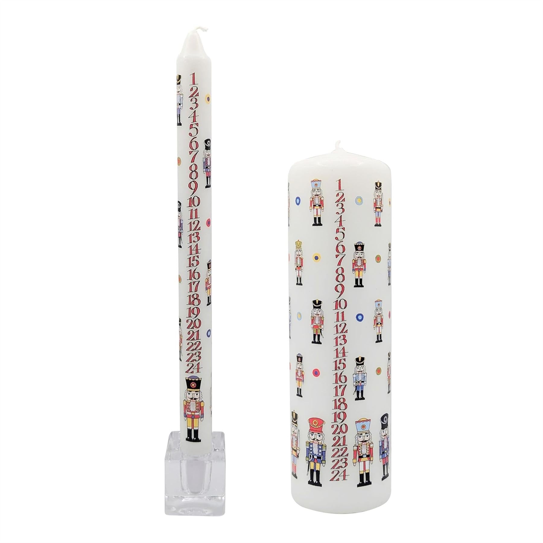 Nutcracker Advent Candle Bundle | 1 Pillar + 1 Dinner Taper with Numbered Christmas Countdown | 2-piece Christmas Advent Candles