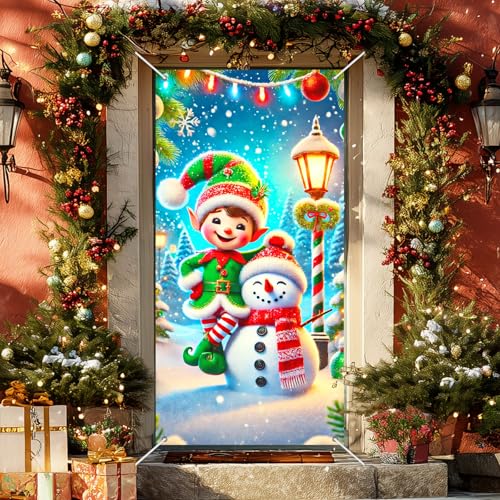 Image of BlissYard Merry Christmas Elf and Snowman Door Cover 71x35 Inch Holiday Front Porch Door Banners Decoration Winter Green Elf Hat Striped Tights Snowy for Sign Party Indoor Outdoor Decor Party Decor