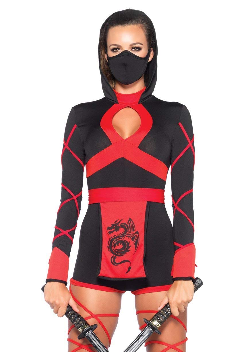 Leg Avenue Women's 3 Pc Dragon Ninja Costume with Hooded Romper, Waist Sash, Face Mask