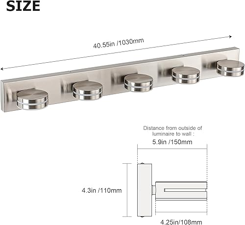 Miniatura 4 de Lámparas de baño de níquel cepillado sobre el espejo, luz de tocador de baño de 5 luces, luces LED de baño regulables, moderna lámpara de montaje en