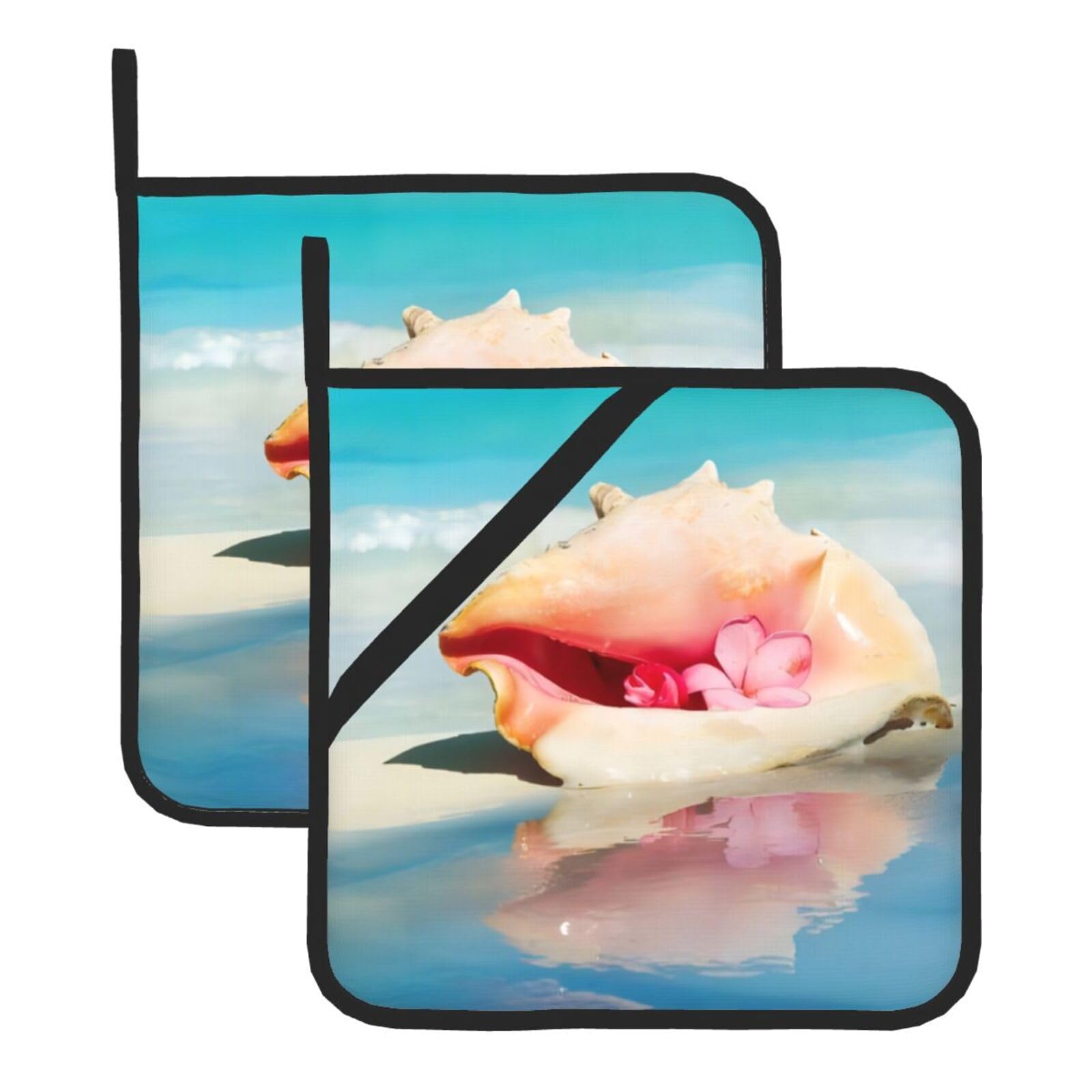 YYHWHJDE Beach Conch Seascape Prints Square Hot Pads for Kitchen Counter - Waterproof Pot Holders, Durable Oven Mitt Layers with Hanging Loop, Heat Resistant Trivets (2-Pack)