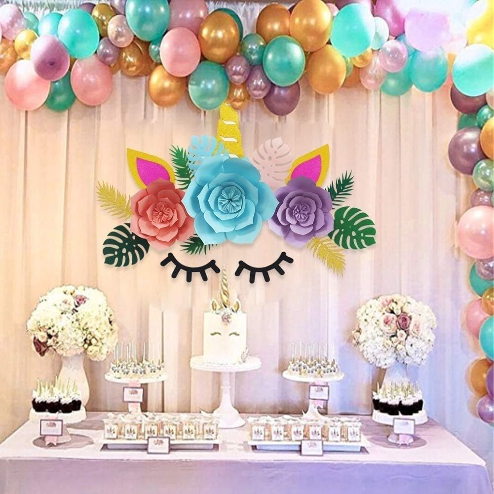 Angshop Unicorn Backdrop Party Supplies Decorations - DIY Unicorn Flower Backdrop with Glitter Giant Horn Ears Eyelashes