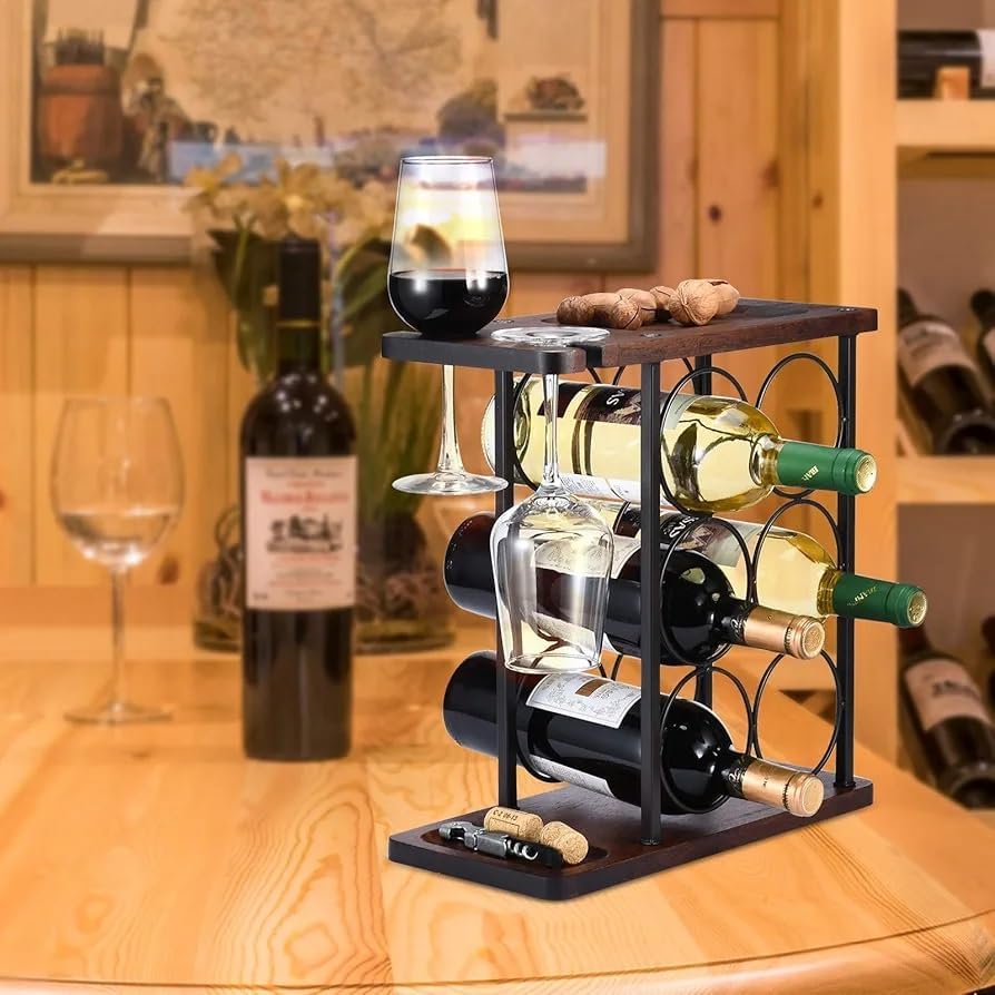 Image of Solid Wood Wine Bottle Rack for Home | Wooden & Metal Wall Mounted Wine Racks with 6 Stem Glass Holders for Wine Glasses (Natural)