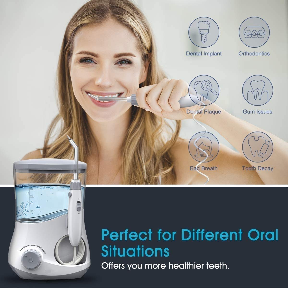 Flosser dell'acqua, pulitore dei denti del flosser dell'acqua for la famiglia, 6 punte multifunzionali del jet, IPX7 impermeabile, 10 modalità regolabili for le esigenze di assistenza orale della fami