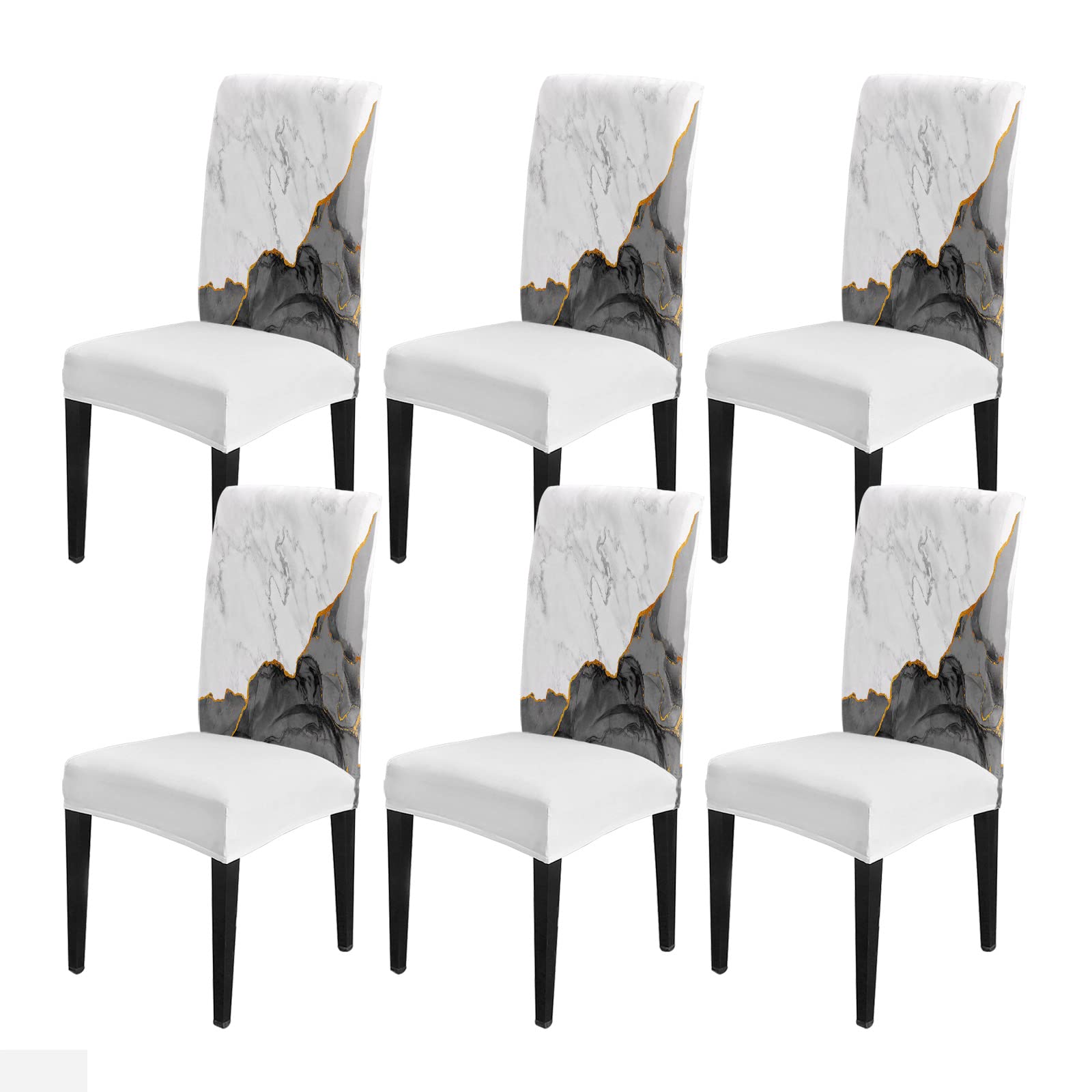 Marble Black Grey Dining Chair Cover Set of 4,Stretch Chair Protectors Slipcover,Spandex Kitchen Chair Seat Back Cushion Slip Cover for Dining Room,Party,Ceremony Minimalist Abstract Gold Modern Art