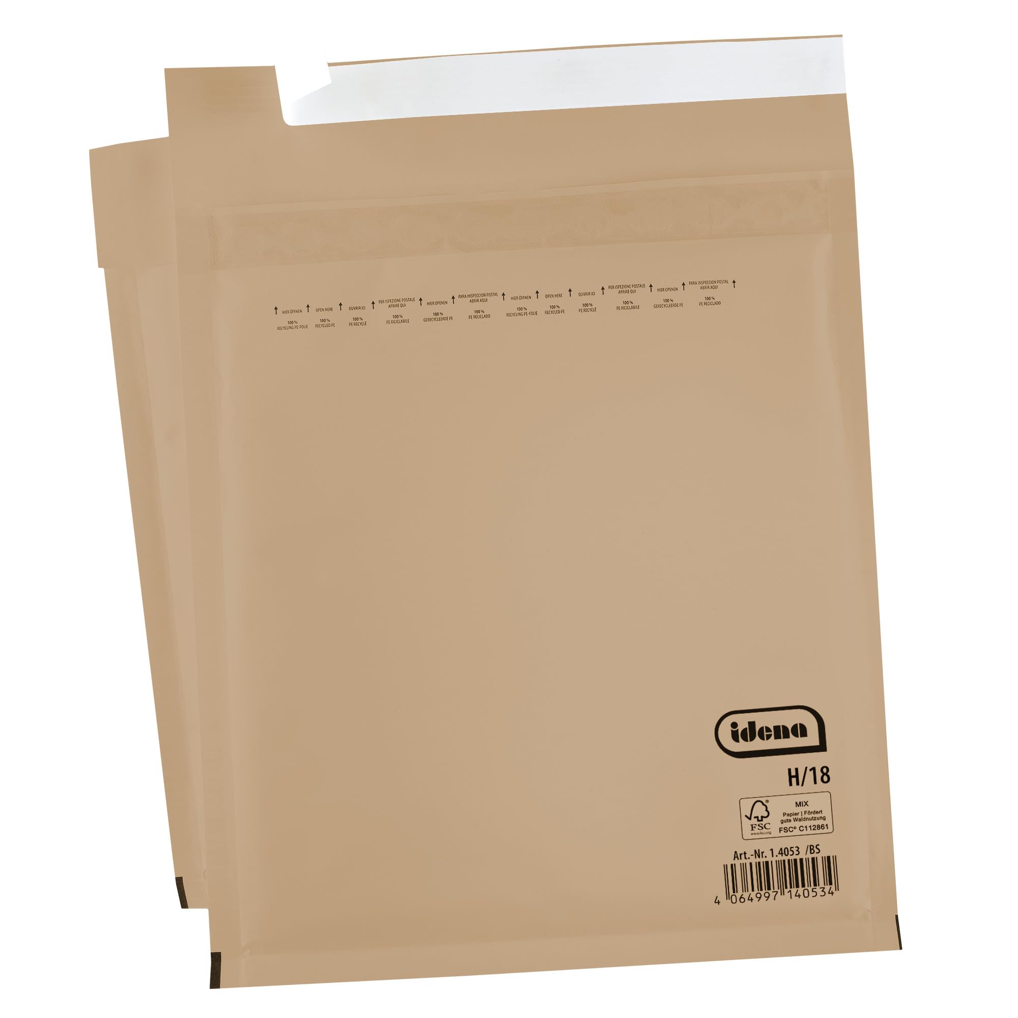 Idena 90580 - Enveloppes matelassées H/18, 100 pièces de 29 x 37 cm, pochettes d'expédition autocollantes, enveloppes matelassées en papier FSC-Mix marron