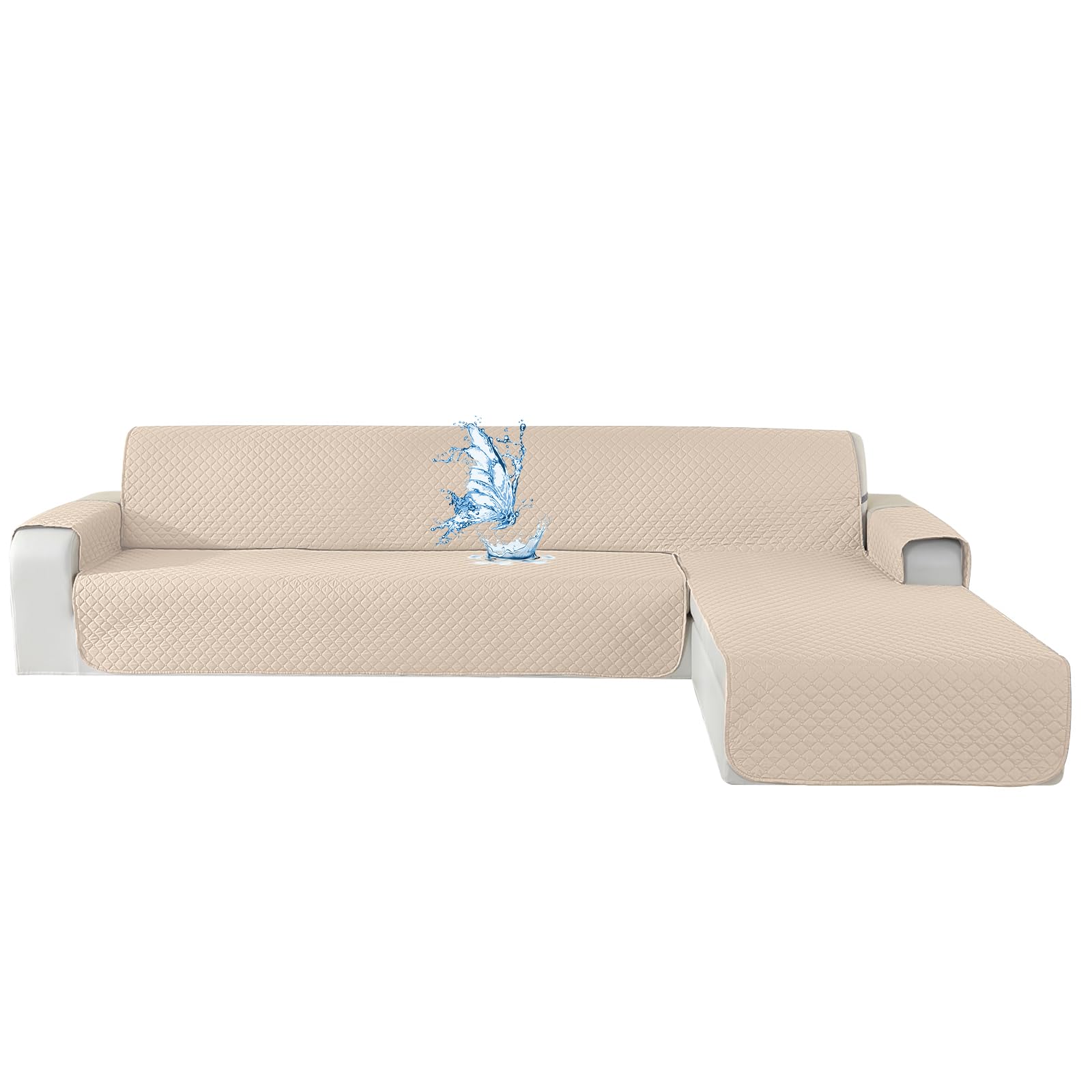Funda Sofa Chaise Long 4 Plazas Impermeable, Fundas Sofa L Chaise Longue Izquierdo/Derecho Reversible, Antideslizante, Ajustables, Anti Gatos, Beige Global Recycled Standard Global Recycled Standard Global Recycled Standard