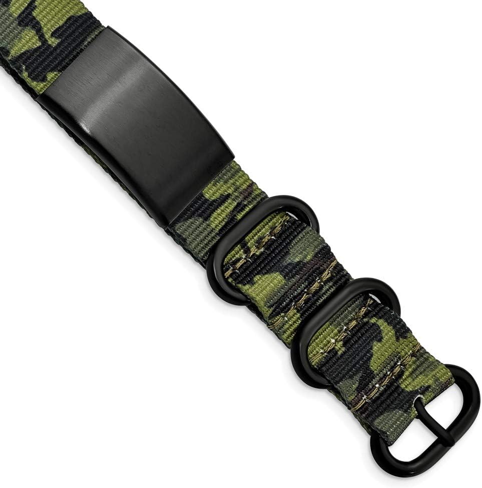 Stainless Steel Brushed Blk IP Green Camo Fabric Adjustable ID Mens Bracelet (0.8mm)