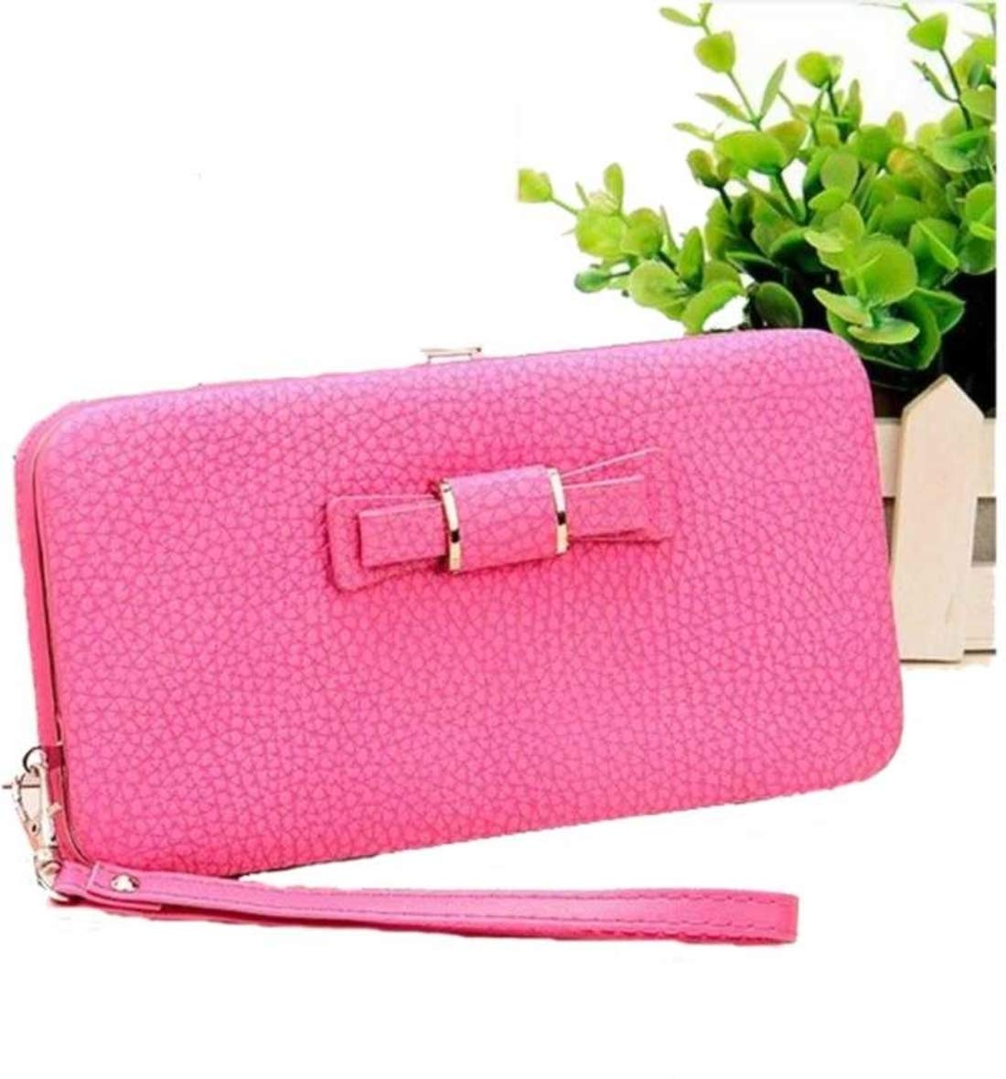 Women's Faux Leather Bow Designed High Capacity Wallet Handbag (Pink )-image-18