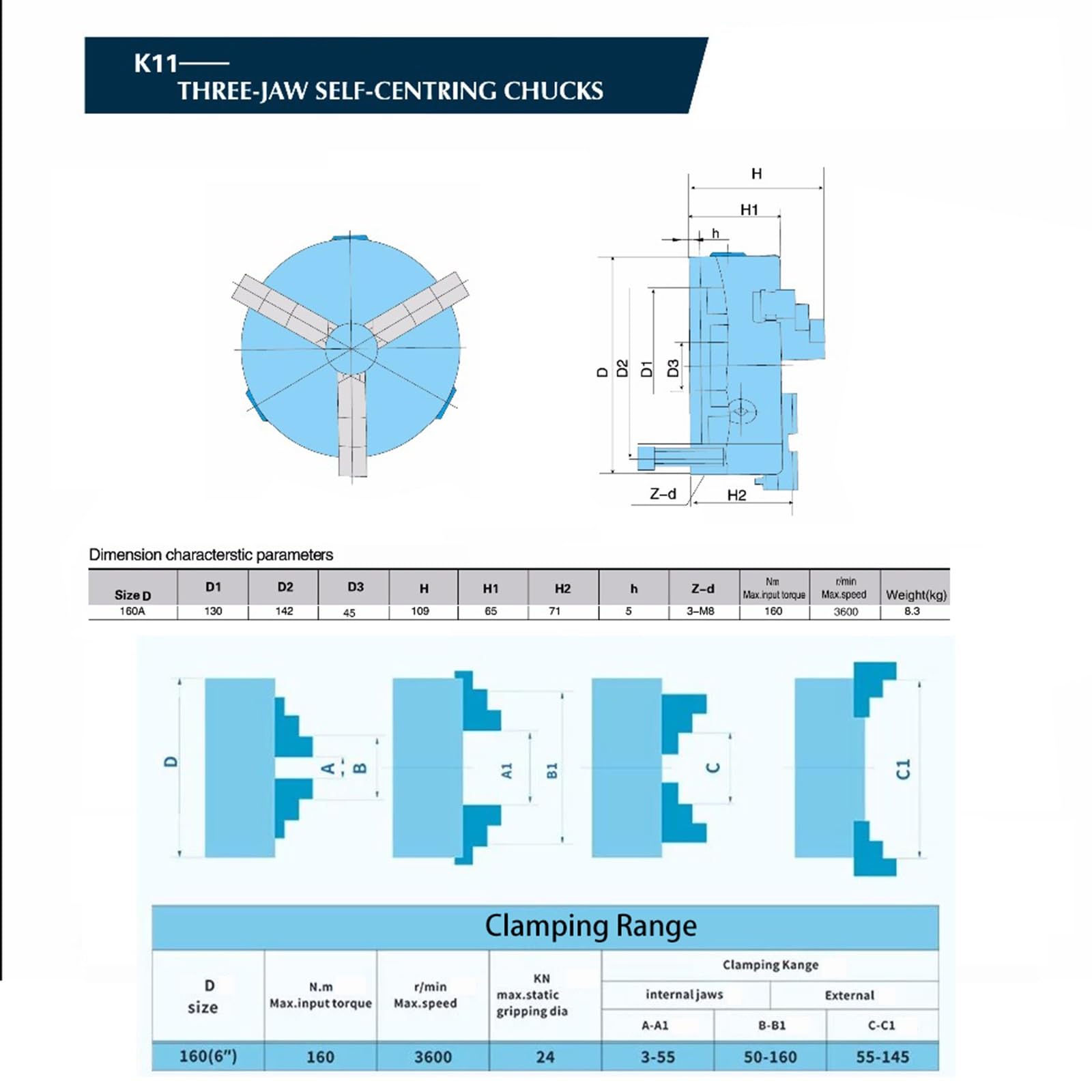 Mandril De Torno Manual Autocentrante De 3 Mordazas K11 160A Con Mordazas Separadas Reversibles, Alta Precisión Para Tornos CNC Y Fresadoras, Torneado De Metales