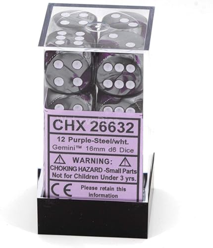 Miniatura 4 de DND - Juego de dados Chessex D&D de 0.630 in, juego de dados poliédricos de plástico Géminis, color morado, acero y blanco, dados de mazmorras y