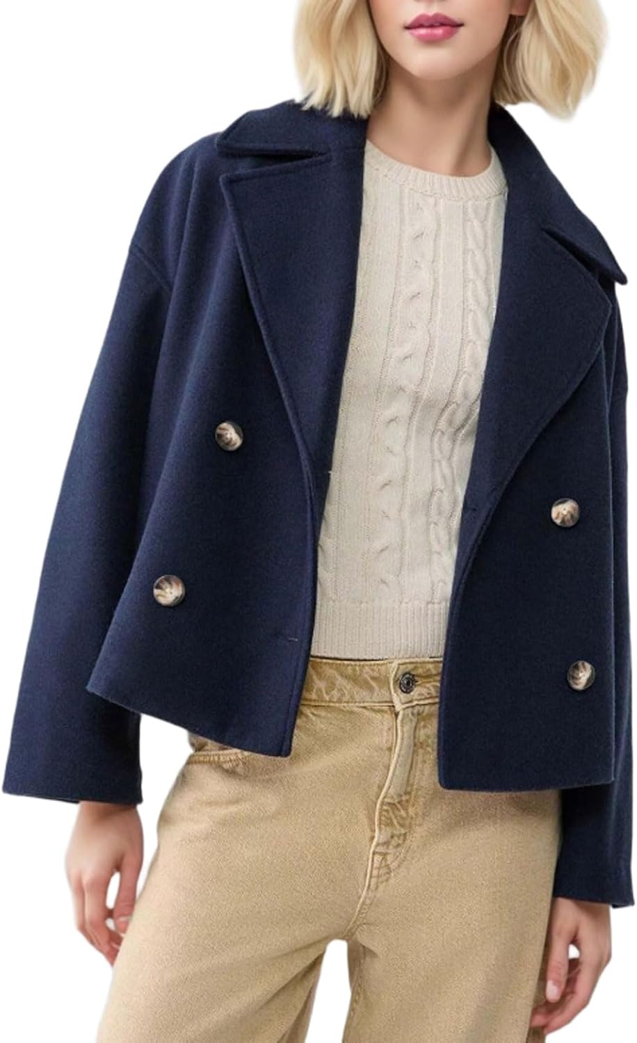 CHARTOU Women Cropped Wool Blend Coats Notch Lapel Double Breasted Pea Coat Jacket Short Trench Overcoat