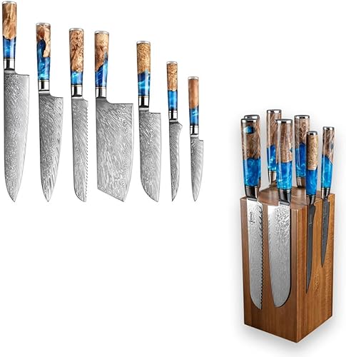 SENKEN - Juego de cuchillos de cocina de acero Damasco de 8 piezas de 67 capas, colección "Tsunami", juego de cuchillos de chef de 7 piezas con
