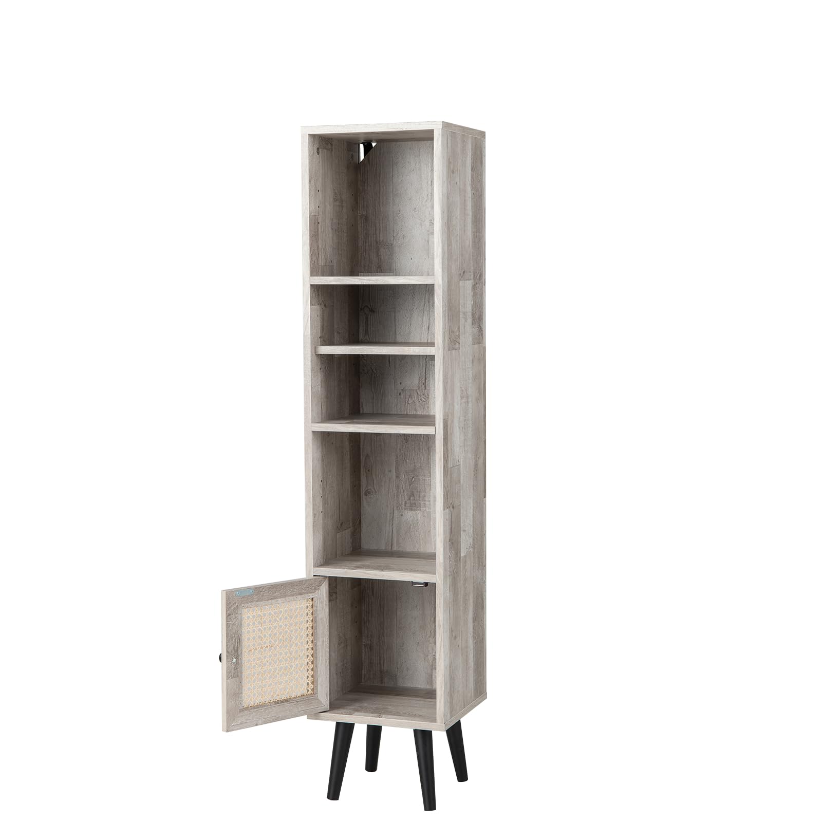 SFAREST 137CM Tall Narrow Bookcase, Wooden Freestanding Bookshelf with 12-Position Adjustable Shelf & Cabinet, Slim Corner Display Storage Shelving Units for Living Room Bedroom Office (Grey)