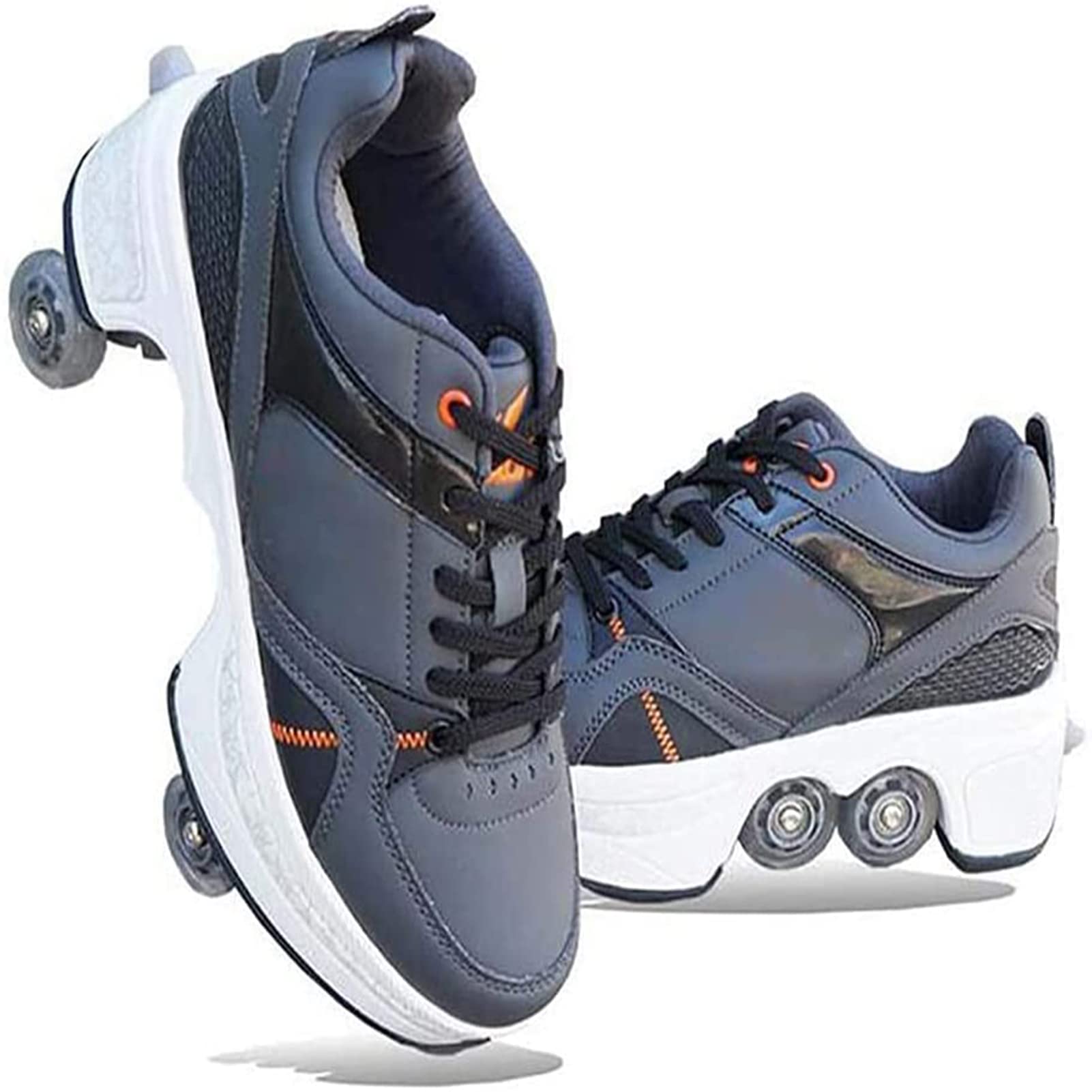 LIUHD 2 in 1 Roller Skates Shoes Deformation Automatic Walking Shoes Adult Children's Roller Shoes Double-Row Deform Wheel Unisex,light black,38