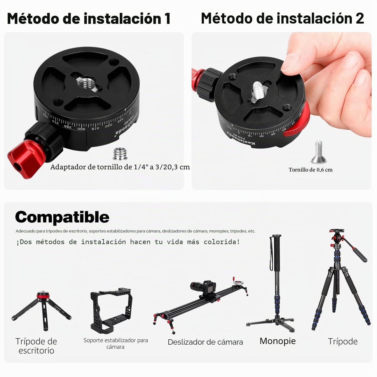 Koolehaoda Cabezal de trípode panorámico Compatible con rótula de trípode totalmente metálica de 360 ° con rotor de indexación para Placa de liberación rápida Arca Swiss