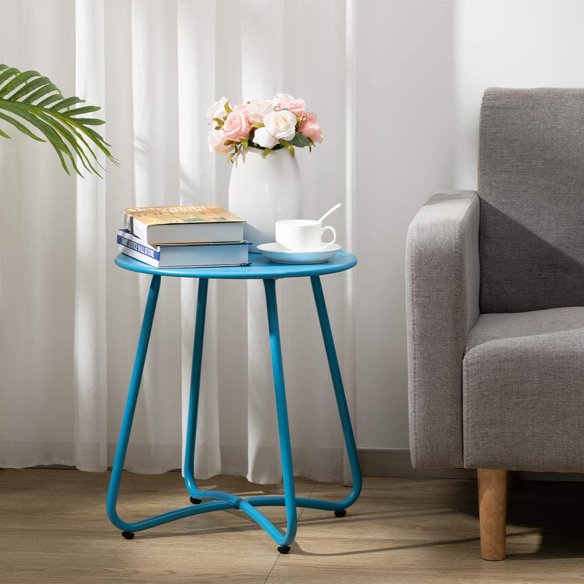 HollyHOME Small Round Patio Metal Side Snack Table, Accent Anti-Rust Steel Coffee Table for Garden, Modern Weatherproof Outdoor End Table, (H) 17.55" x(D) 15.60", Deep SkyBlue