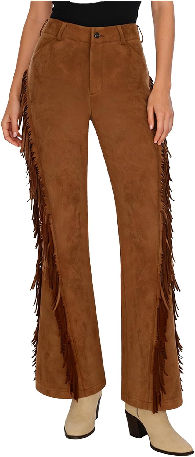Fringe Pants for Women Cowgirl Cowboy Pants Wide Leg Tassels Faux Suede Flared Festival Hippie Trouser