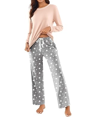 Ekouaer Womens 2 Piece Pajama Set Long Sleeve PJs with Plaid Pants Drawstring Elastic Waist Sleepwear Lounge Set