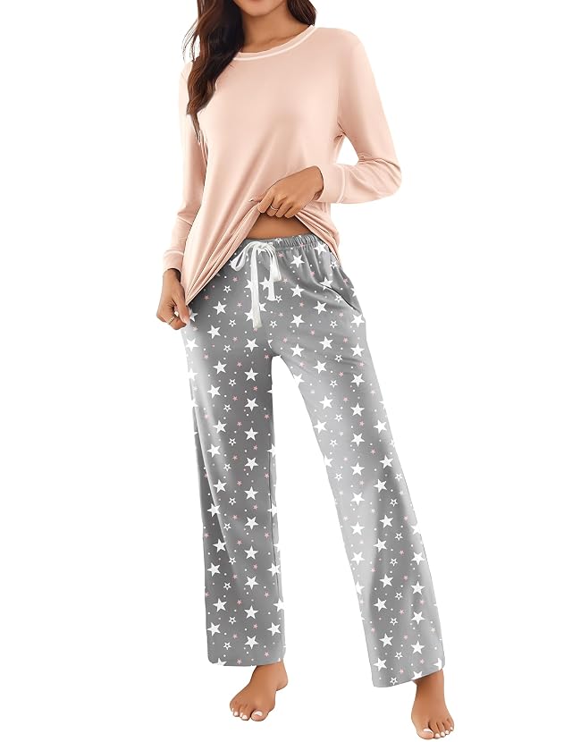 Ekouaer Womens 2 Piece Pajama Set Long Sleeve PJs with Plaid Pants Drawstring Elastic Waist Sleepwear Lounge Set