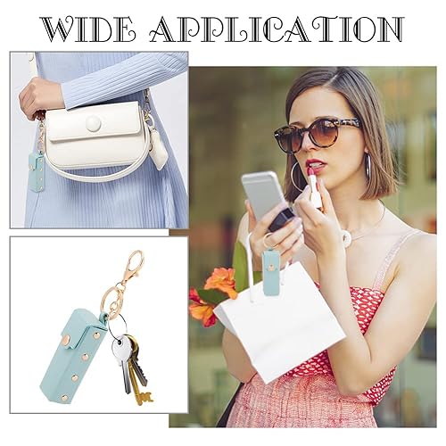 Miniatura 6 de WADORN 2 soportes para llavero Chapstick, 6 pulgadas, piel sintética, organizador de lápiz labial con llavero, Verde