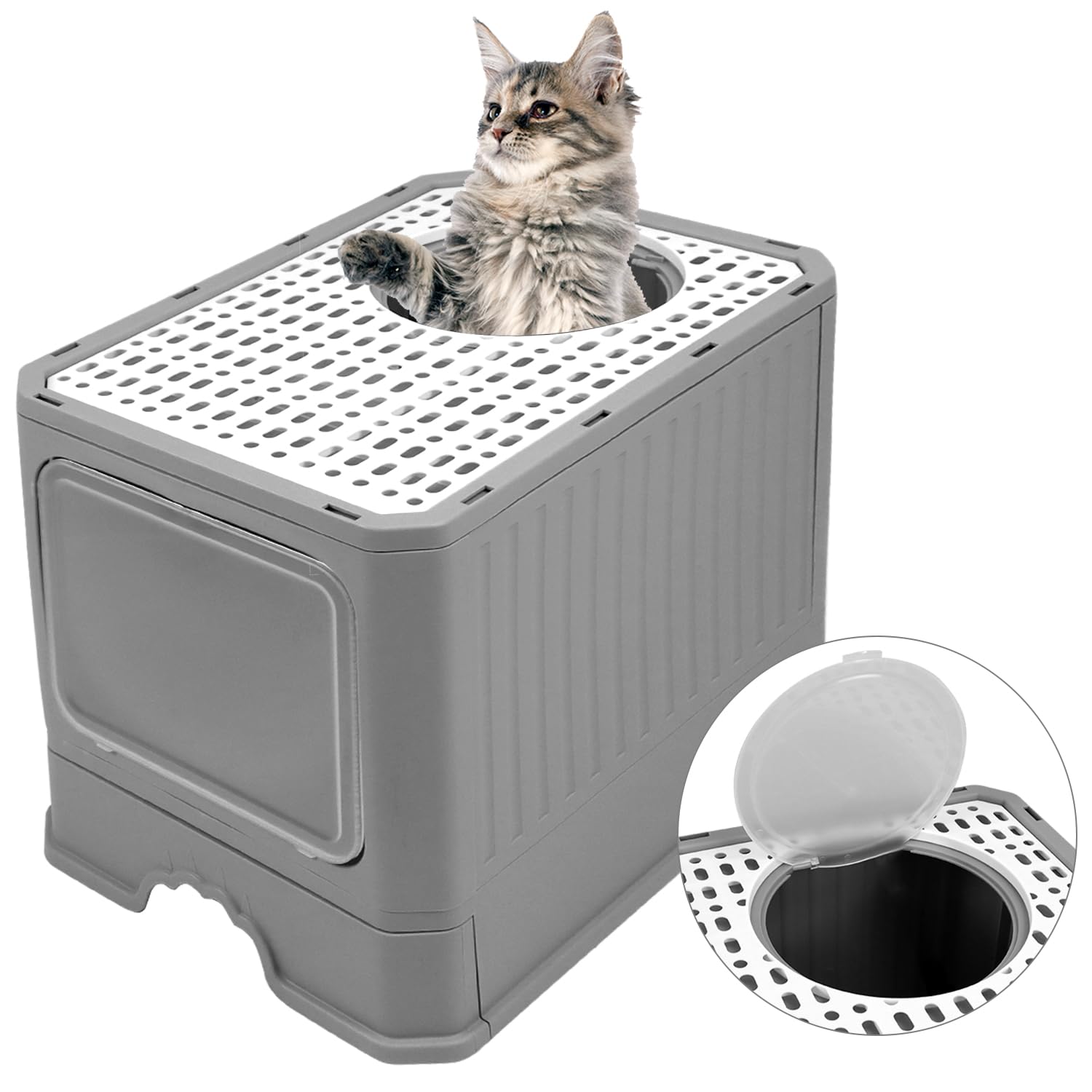 QWORK® Caisse Chat litiere, Grand bac à litière pour Chat avec Couvercle et Pelle, pour Chats jusqu'à 12 kg, Gris