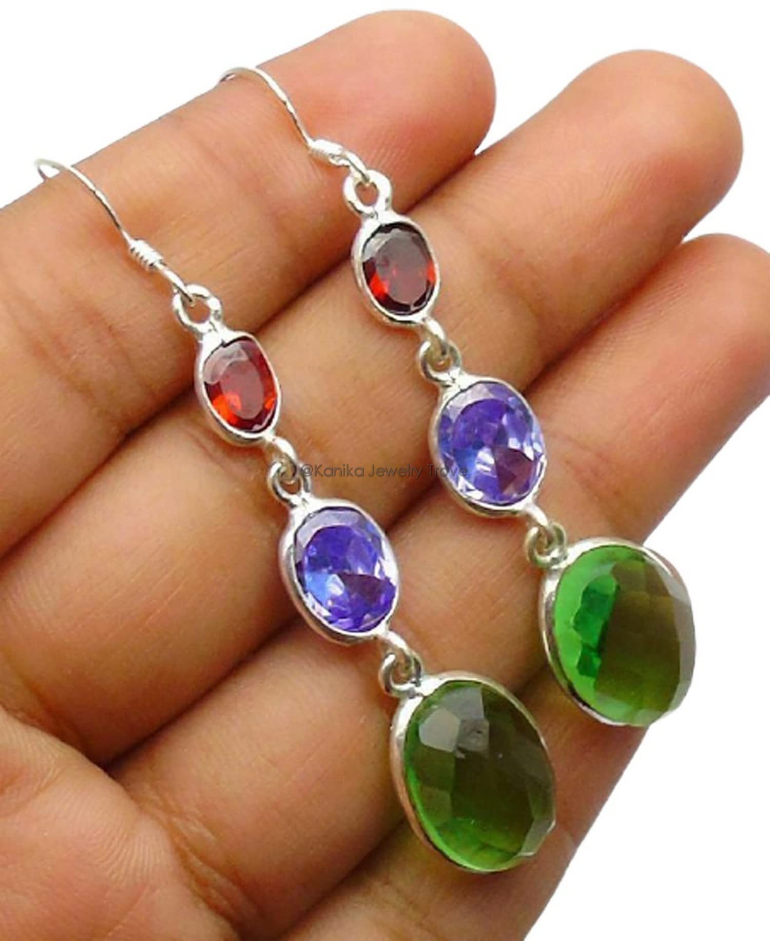 Pendientes de plata sólidos 925 para mujeres y niñas, granate de plata esterlina, amatista, peridot drop dangle data de declaración de declaración, regalo de dama de honor, joyas hechas a mano