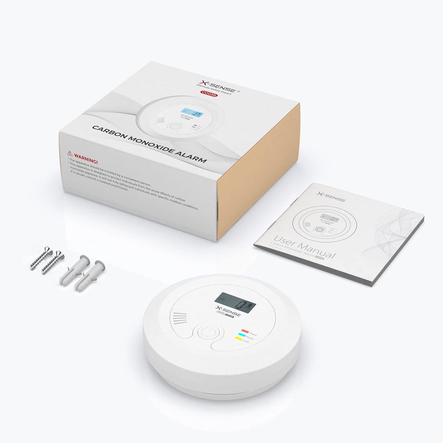Contents of the X-Sense CO03B package including the detector, mounting bracket, battery, screws, wall plugs, and user manual.