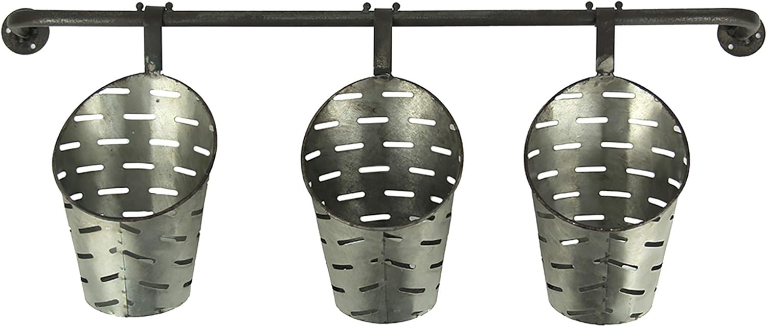 Galvanized Finish 3 Piece Olive Bucket Wall Mounted Planter Set