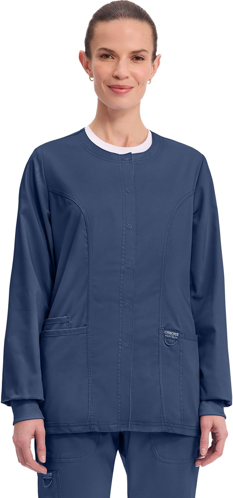 Cherokee Womens Scrub Jacket Nurse Snap Front Medical Uniform with Pockets, 2-Way Stretch, Easy Care Soft Fabric - WW310