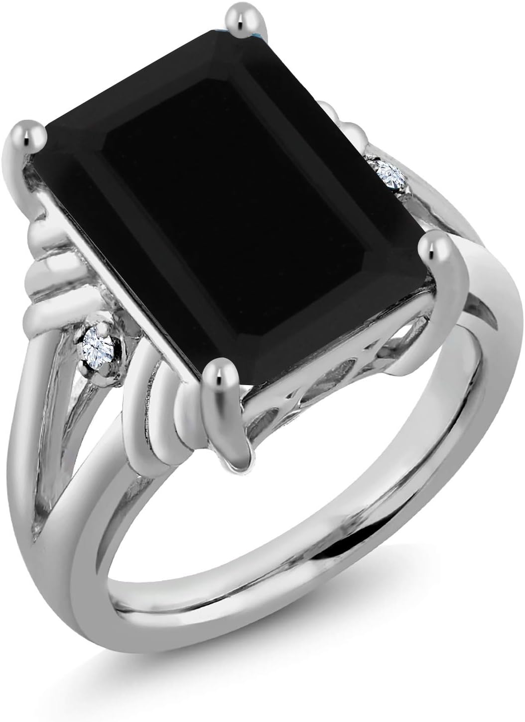 Gem Stone King 6.43 Cttw Black Onyx and White Created Sapphire Engagement Ring For Women | 925 Sterling Silver | Gemstone December Birthstone | Emerald Cut 14X10MM