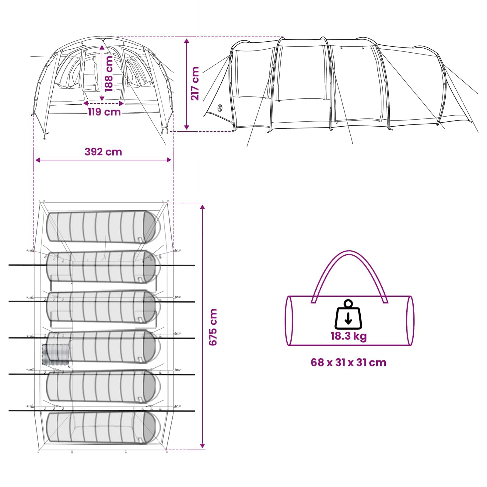 Namiot tunelowy niebieski 675 x 392 x 210 cm, wodoszczelny namiot rodzinny z poliestru 185T ze stelażem z włókna szklanego, wnętrze 25,46 m², łącznie ze śledziem, linką napinającą, torbą do