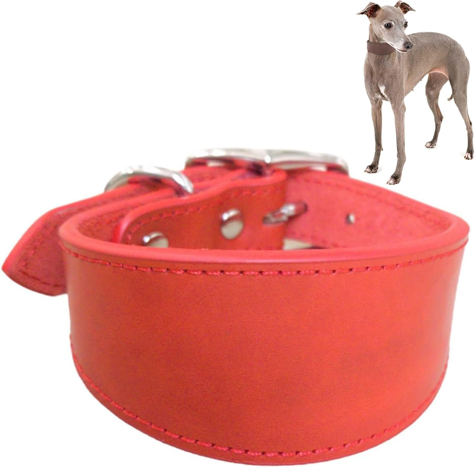 Wide Padded Leather Dog Collar for Italian Greyhound & Whippet, Adjustable Soft Pet Collar with Heavy Duty D-Ring for Daily Walking & Outdoor Use(Red,S)