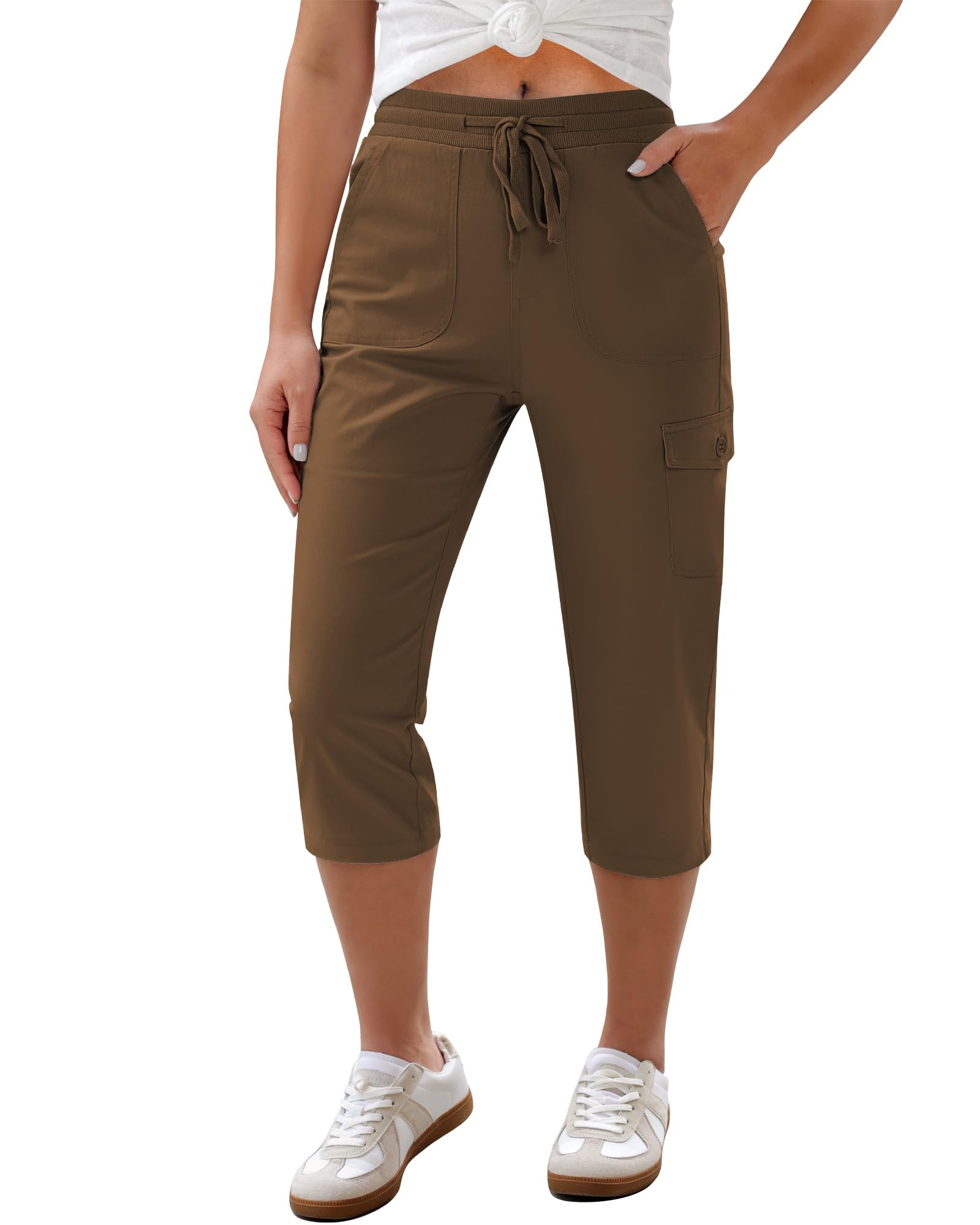 GRAPENT Capri Pants for Women Cargo Elastic Waist Pull On Drawstring Summer Casual Capris Cotton Chino Cropped Pants