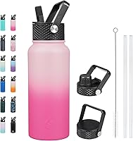 Vista 58 de BJPKPK - Botellas de agua aisladas con tapa con popote, botella grande de metal de 32 onzas con 3 tapas, termo reutilizable sin fugas y sin BPA