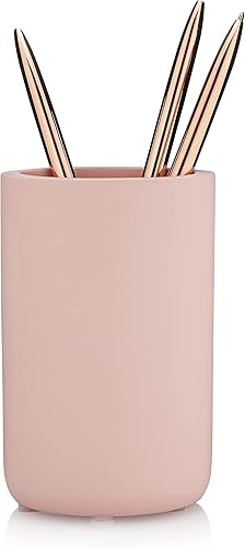 EssentraHome Vaso de baño rosa rubor para encimeras de tocador, soporte para lápiz rosa y soporte para brochas de maquillaje