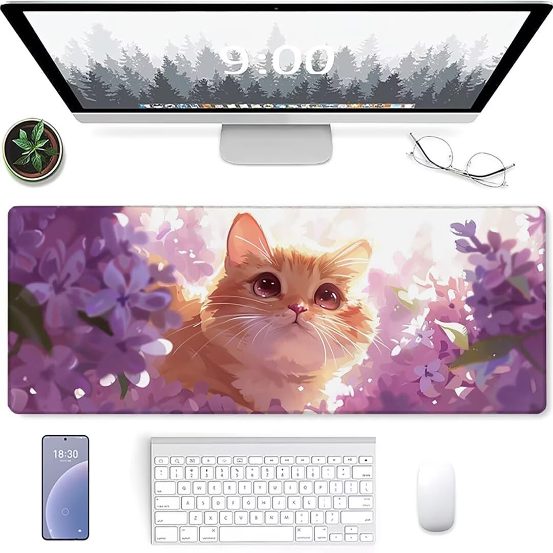 Excel Shortcut-Tasten-Mauspad - erweitertes großes 1200 x 600mm XL-Spickzettel-Gaming-Mauspad | PC-Büro-Tabellenkalkulation-Tastaturmatte | rutschfeste genähte Kante Gelb Katze