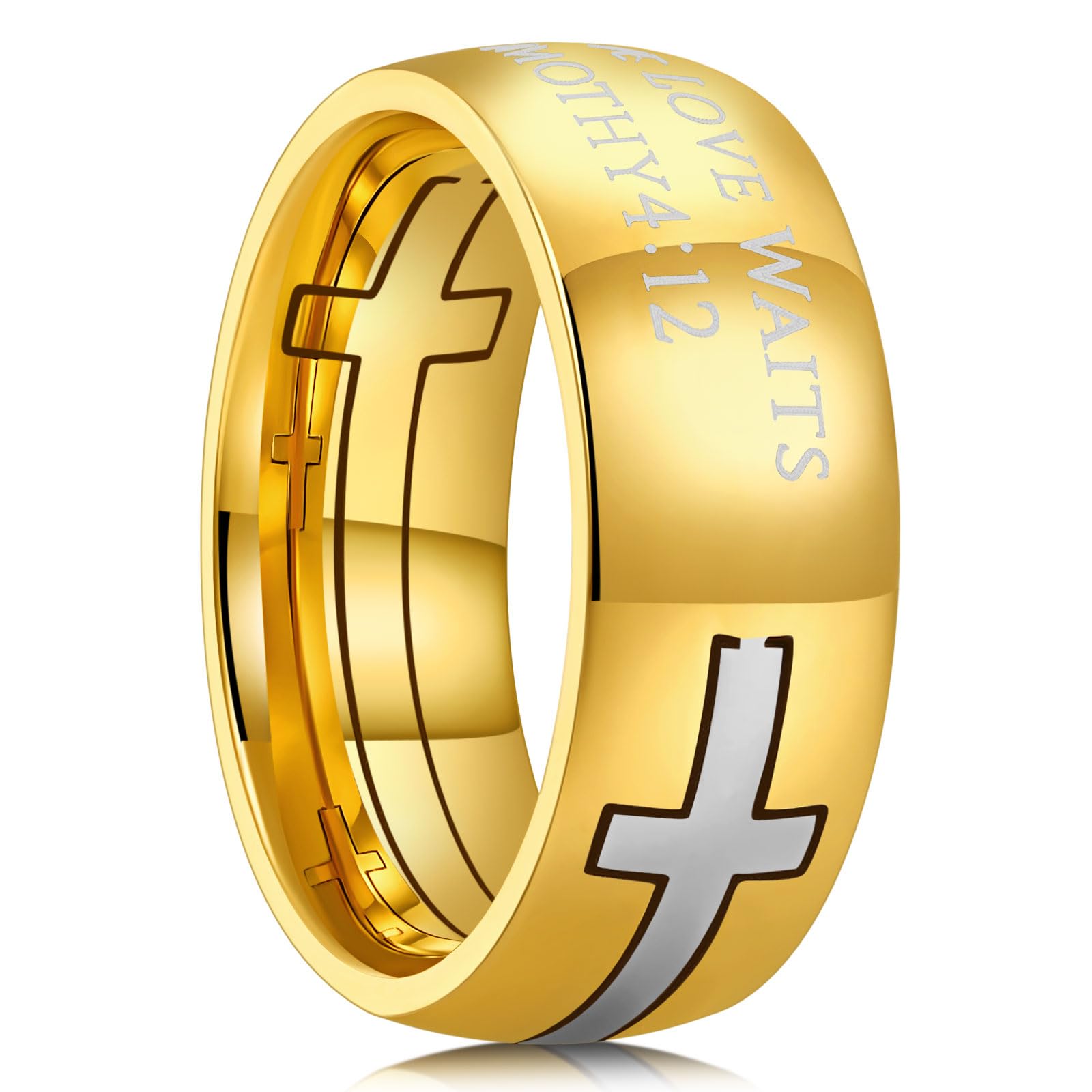 King Will Stainless Steel Men Ring Lord's Prayer Cross Ring Stainless Steel Men Wedding Ring, Wedding Band Bible Engraved Rings High Polished, Comfort Fit
