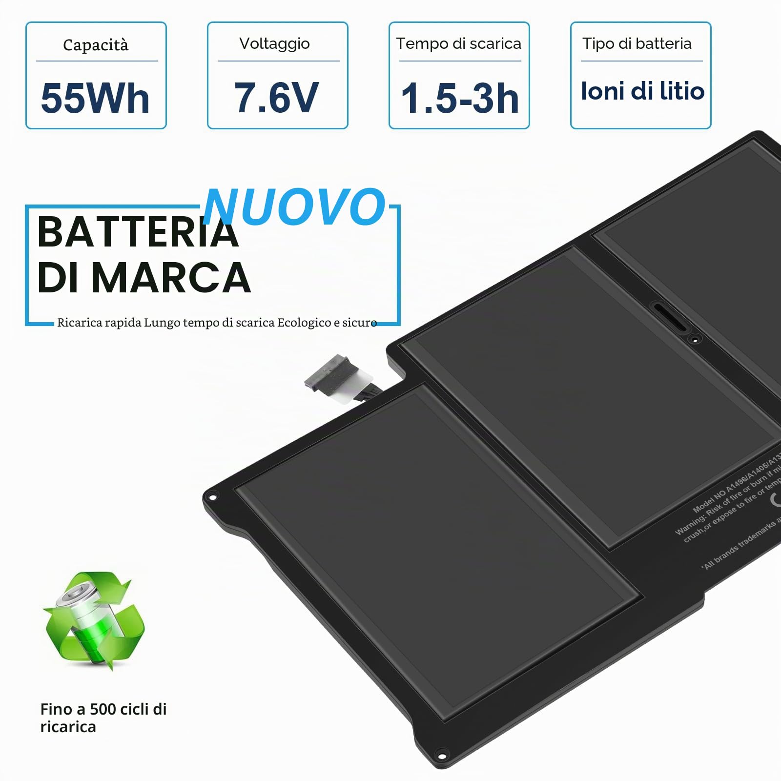 ASUNCELL 7.6V/55Wh A1405 Batteria del computer portatile per MacBookAir3,2 13" A1369 - (Late 2010，Mid 2011) MacBookAir5,2 13" A1466 - (Mid 2012，Mid 2013，Early 2014，Early 2015) A1377 A1405