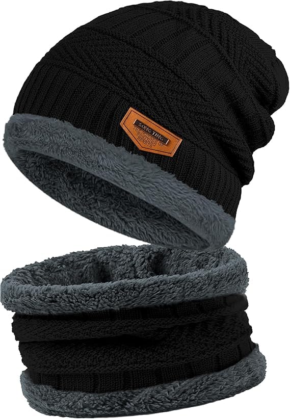 Hudux Mens Womens Winter Beanie Hat Scarf Set Warm Knit Thick Fleece Lined Skull Warm Beanie Hat Scarf Set Knit Hat Thick Fleece Lined Winter Cap Neck Warmer for Men Women Men Gift Set for Winter