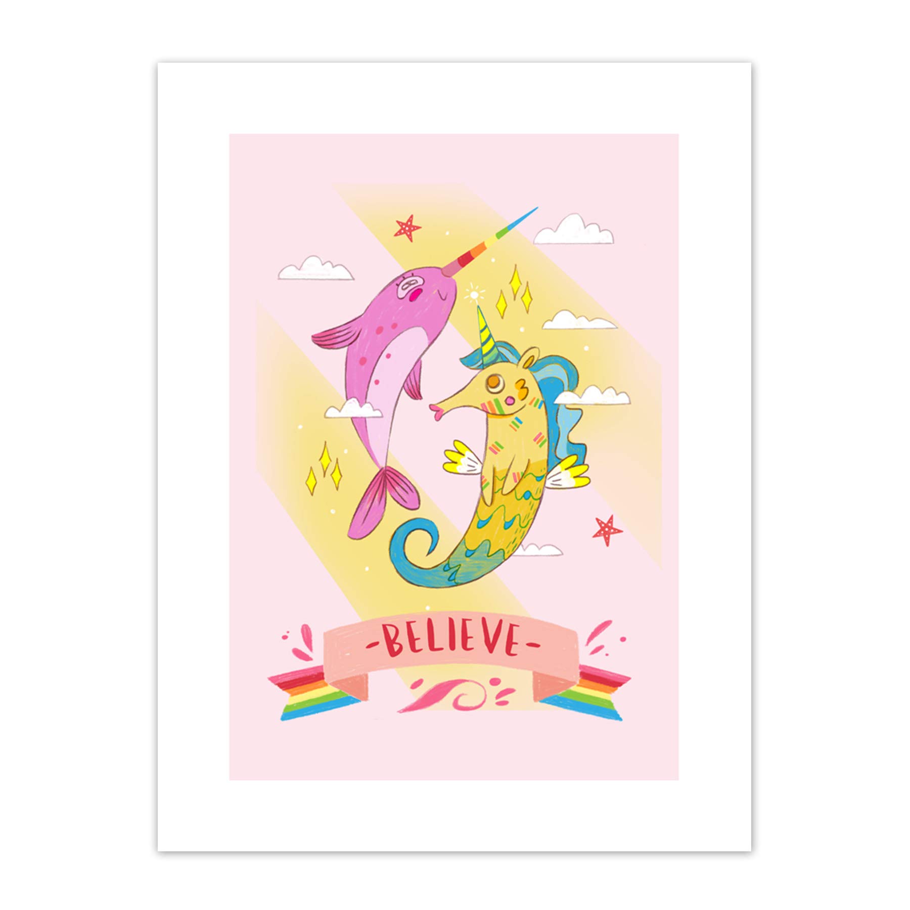 Wee Blue Coo Unicorn Seahorse Narwhal Believe Art Print Canvas Premium Wall Decor Poster