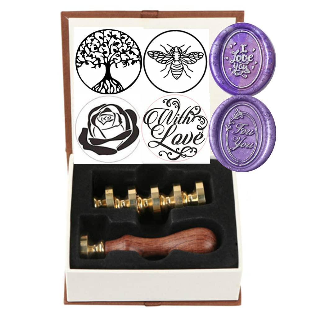 Flower Wax Seal Stamp Set, Ebest Life 6pcs Bee Tree Rose Love for You Sealing Wax Stamps Copper Seals + 1 Wooden Hilt, Great for Christmas Day (12)