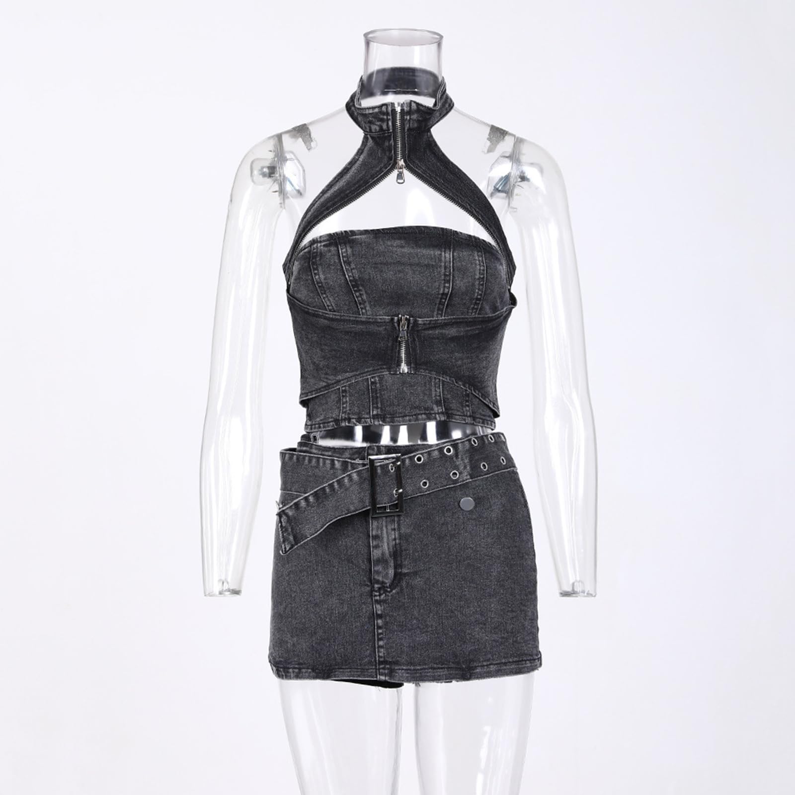Set Gonna Da Donna in 2 Pezzi Allacciatura Alla Caviglia Con Spalle Scoperte Top Corto Gonna Corta Jeans Completo in Denim